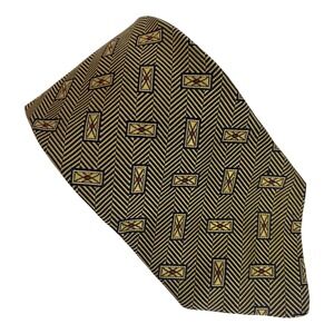 PAUL FREDRICK Mens Silk Necktie Navy Gold Geometric Rectangles 57"x4" USA